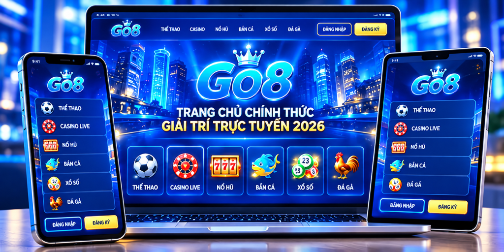 Nhận diện thương hiệu GO8 với giao diện trang chủ trên máy tính, điện thoại và máy tính bảng