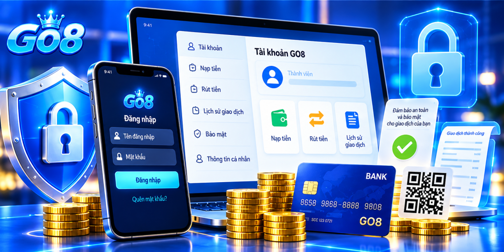 Giao diện quản lý tài khoản GO8 với chức năng đăng nhập, bảo mật, nạp rút tiền và lịch sử giao dịch